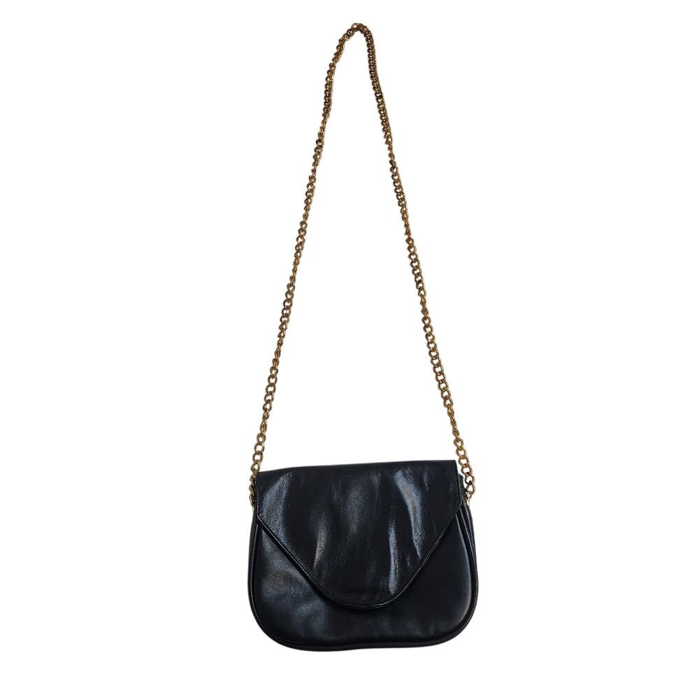 JJ Winters Womens Black Leather w Gold Chain Strap Envelope Crossbody Purse